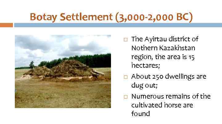 Botay Settlement (3, 000 -2, 000 BC) The Ayirtau district of Nothern Kazakhstan region,