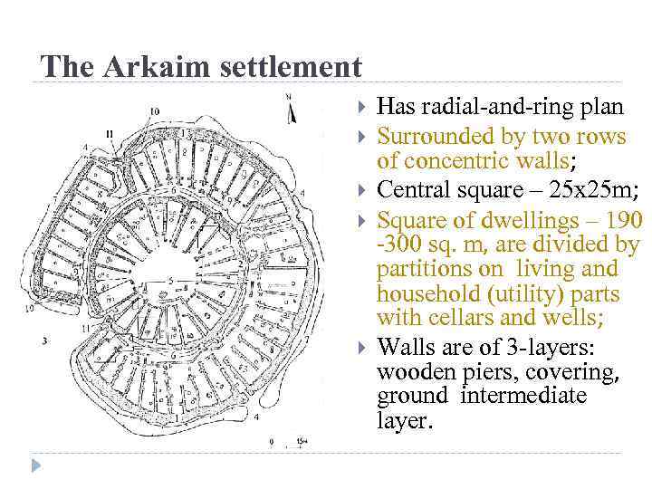 The Arkaim settlement Has radial-and-ring plan Surrounded by two rows of concentric walls; Central