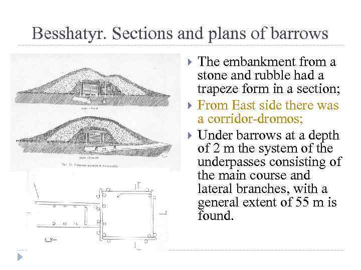 Besshatyr. Sections and plans of barrows The embankment from a stone and rubble had