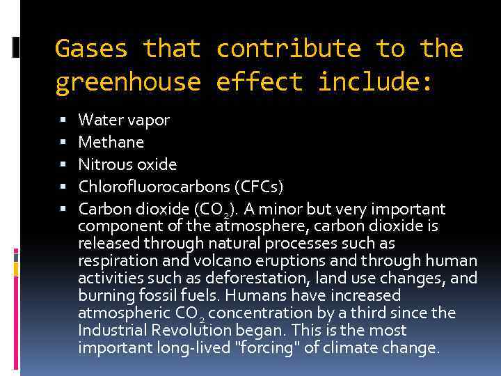 Gases that contribute to the greenhouse effect include: Water vapor Methane Nitrous oxide Chlorofluorocarbons