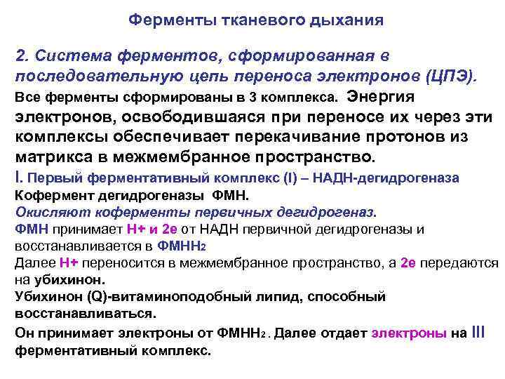 Ферменты тканевого дыхания 2. Система ферментов, сформированная в последовательную цепь переноса электронов (ЦПЭ). Все