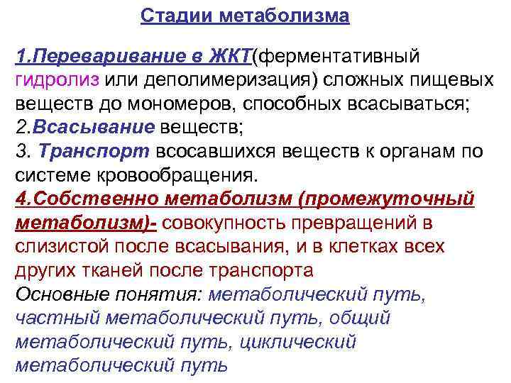 Стадии метаболизма 1. Переваривание в ЖКТ(ферментативный гидролиз или деполимеризация) сложных пищевых веществ до мономеров,