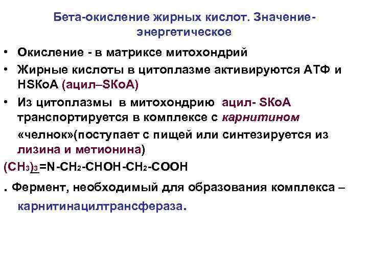 Бета-окисление жирных кислот. Значениеэнергетическое • Окисление - в матриксе митохондрий • Жирные кислоты в