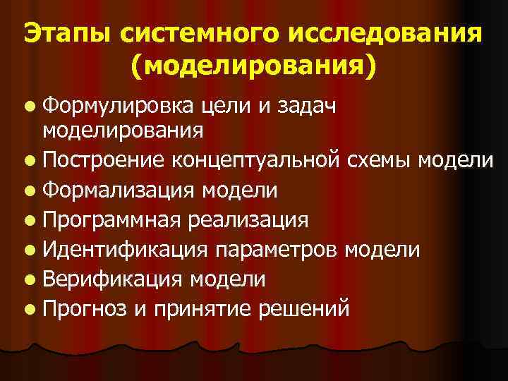 Системный этап. Этапы системного моделирования. Моделирование в системных исследованиях. Шестой этап процесса системного моделирования. Цели системного моделирования.