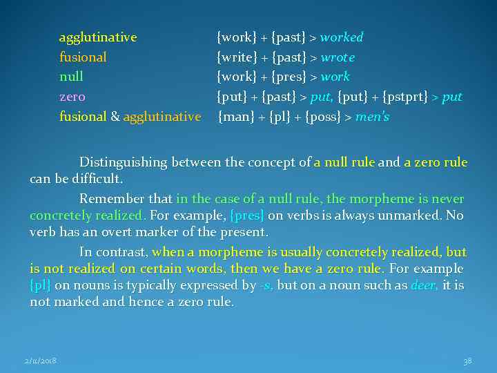 agglutinative {work} + {past} > worked fusional {write} + {past} > wrote null {work}