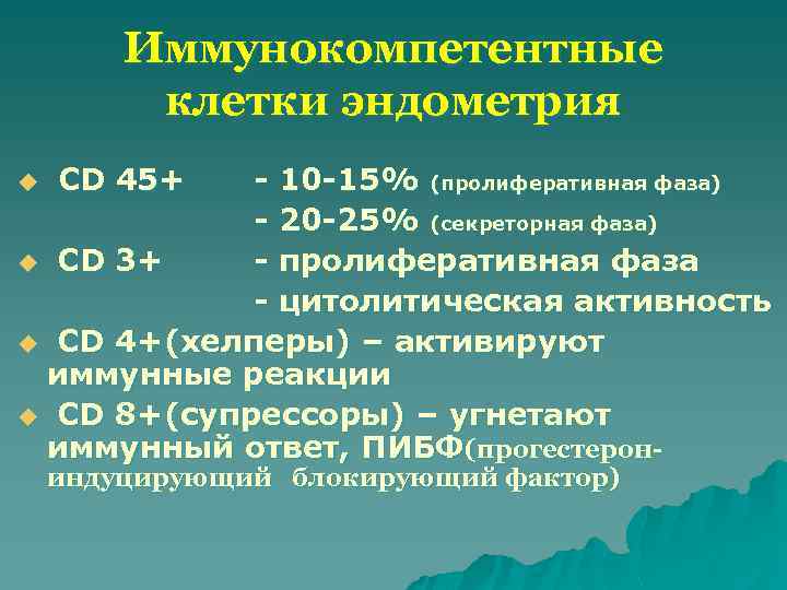 Иммунокомпетентные клетки эндометрия - 10 -15% (пролиферативная фаза) - 20 -25% (секреторная фаза) u