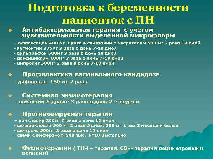 Подготовка к беременности пациенток с ПН Антибактериальная терапия с учетом чувствительности выделенной микрофлоры u