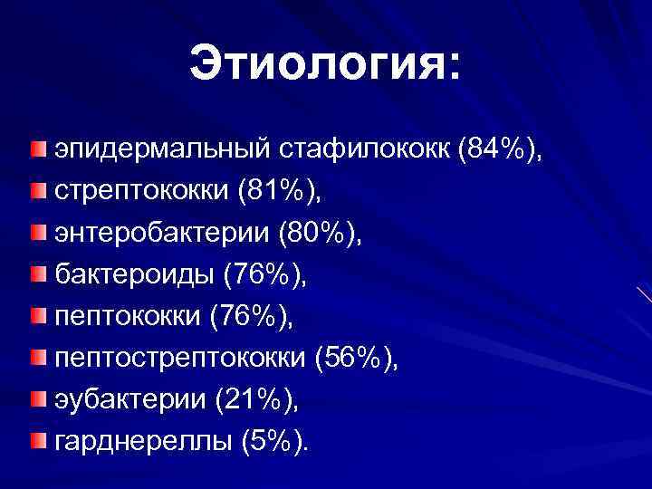 Этиология: эпидермальный стафилококк (84%), стрептококки (81%), энтеробактерии (80%), бактероиды (76%), пептококки (76%), пептострептококки (56%),