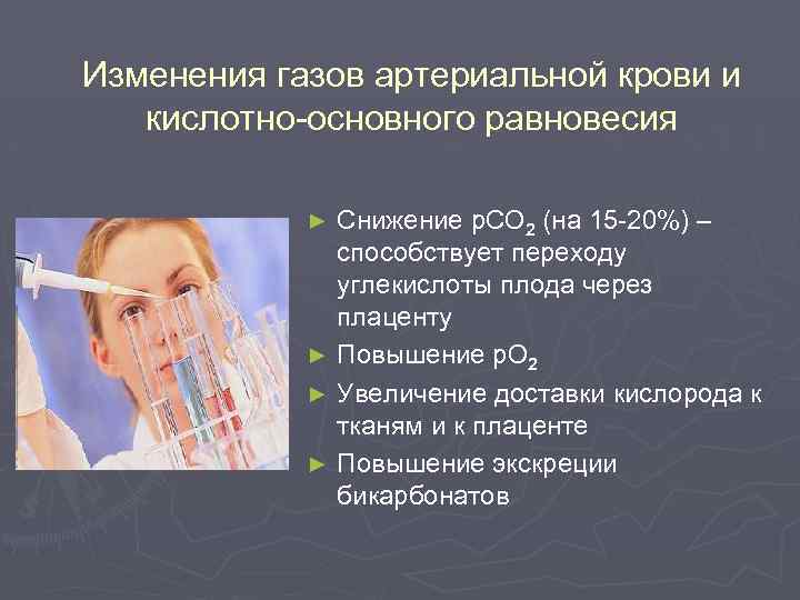 Изменения газов артериальной крови и кислотно-основного равновесия Снижение p. CO 2 (на 15 -20%)