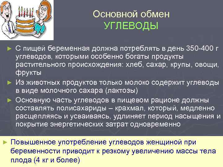 Основной обмен УГЛЕВОДЫ С пищей беременная должна потреблять в день 350 -400 г углеводов,