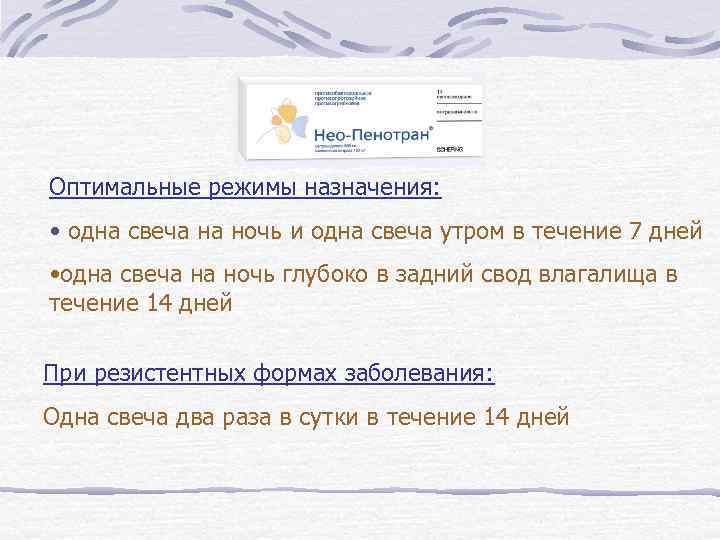 Оптимальные режимы назначения: • одна свеча на ночь и одна свеча утром в течение