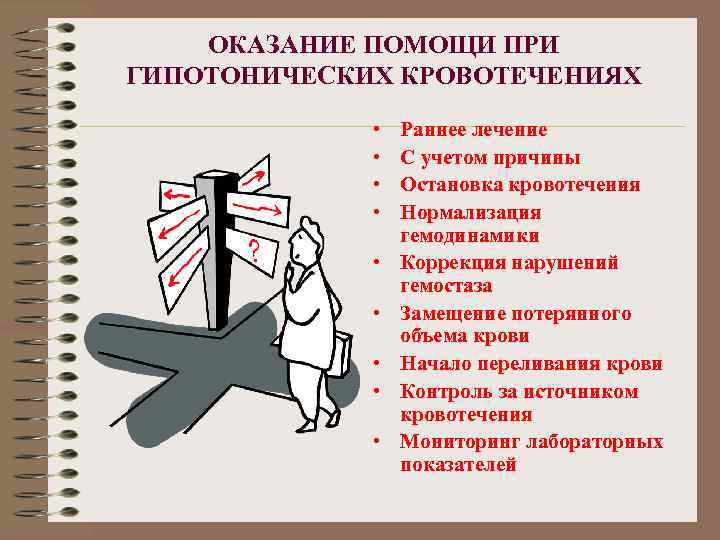 ОКАЗАНИЕ ПОМОЩИ ПРИ ГИПОТОНИЧЕСКИХ КРОВОТЕЧЕНИЯХ • • • Раннее лечение С учетом причины Остановка