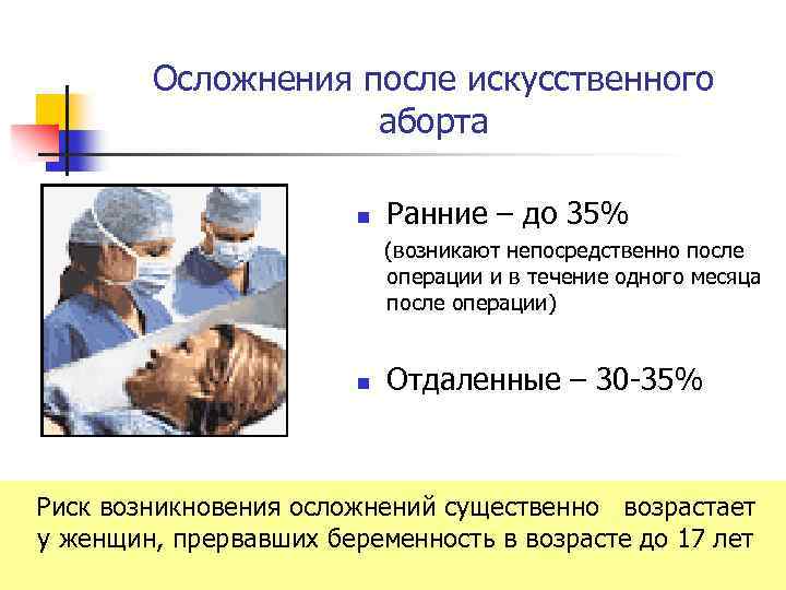 Осложнения после искусственного аборта n Ранние – до 35% (возникают непосредственно после операции и