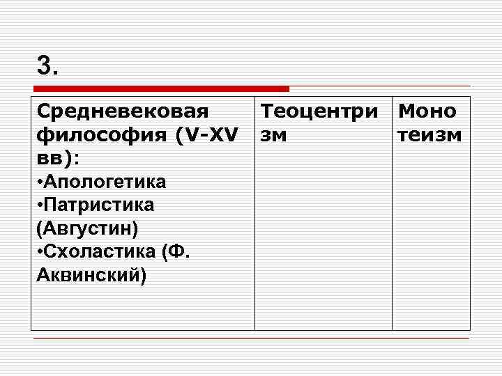 3. Средневековая философия (V-XV вв): • Апологетика • Патристика (Августин) • Схоластика (Ф. Аквинский)