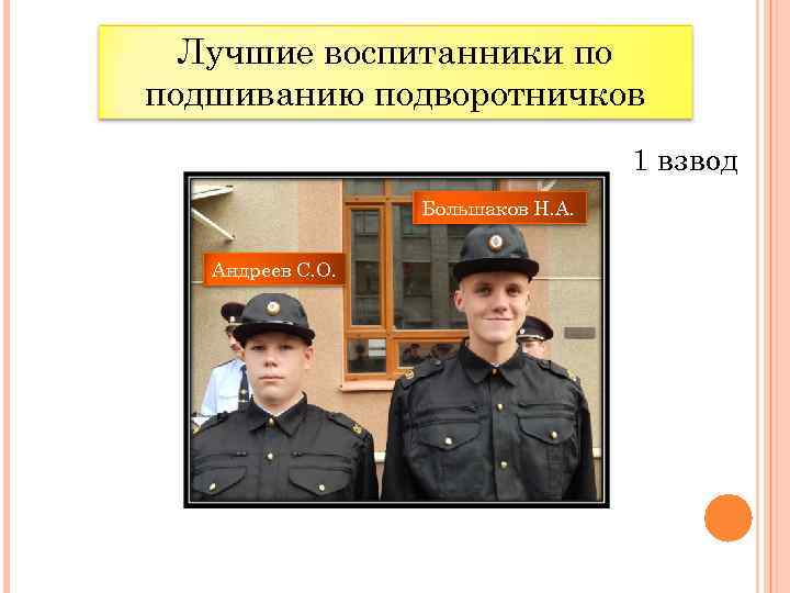 Лучшие воспитанники по подшиванию подворотничков 1 взвод Большаков Н. А. Андреев С. О. 