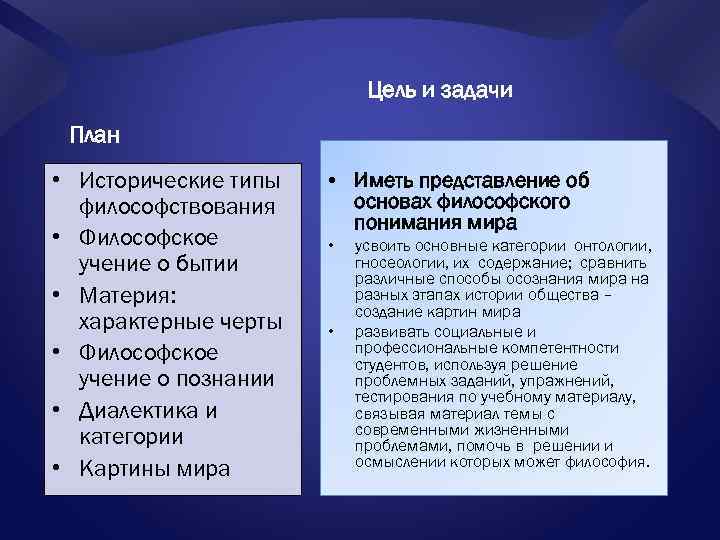 Цель и задачи План • Исторические типы философствования • Философское учение о бытии •