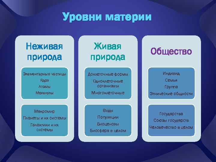 Уровни материи Неживая природа Живая природа Общество Элементарные частицы Атомы Молекулы Доклеточные формы Одноклеточные