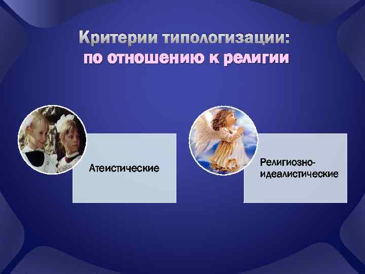 Критерии типологизации: по отношению к религии Атеистические Религиозноидеалистические 