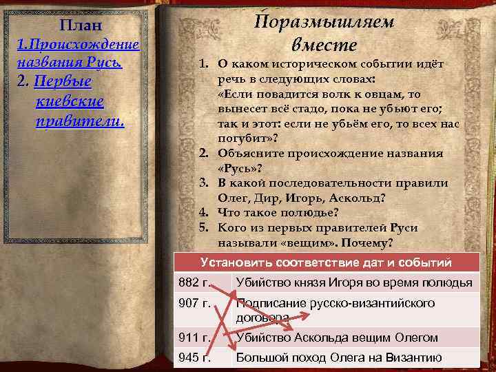 Поразмышляем вместе План 1. Происхождение названия Русь. 2. Первые киевские правители. 1. О каком