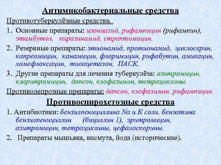 Антимикобактериальные средства Противотуберкулёзные средства. 1. Основные препараты: изониазид, рифампицин (рифампин), этамбутол, пиразинамид, стрептомицин. 2.