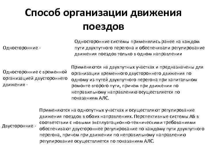 Способ организации движения поездов Односторонние - Односторонние системы применялись ранее на каждом пути двухпутного