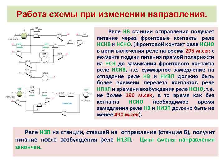 Работа схемы при изменении направления. Реле НВ станции отправления получает питание через фронтовые контакты