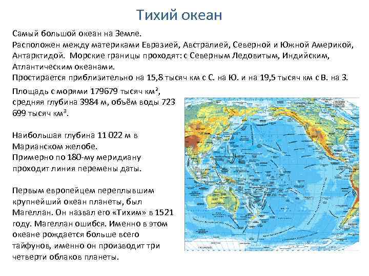 Тихий океан Самый большой океан на Земле. Расположен между материками Евразией, Австралией, Северной и