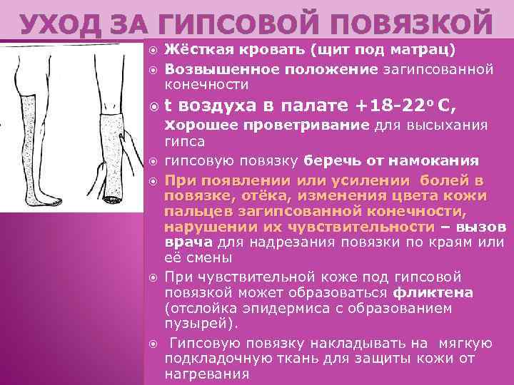 УХОД ЗА ГИПСОВОЙ ПОВЯЗКОЙ Жёсткая кровать (щит под матрац) Возвышенное положение загипсованной конечности t