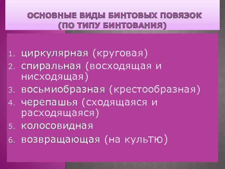 ОСНОВНЫЕ ВИДЫ БИНТОВЫХ ПОВЯЗОК (ПО ТИПУ БИНТОВАНИЯ) 1. 2. 3. 4. 5. 6. циркулярная