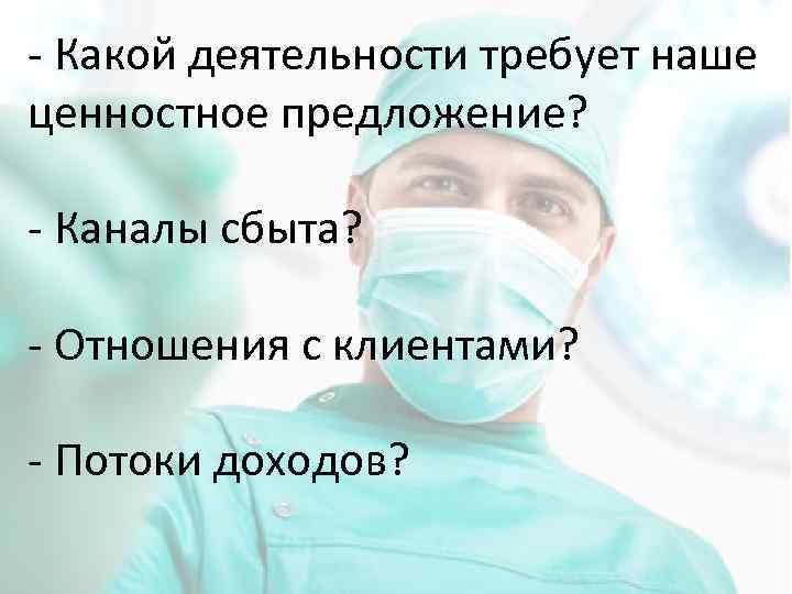 - Какой деятельности требует наше ценностное предложение? - Каналы сбыта? - Отношения с клиентами?