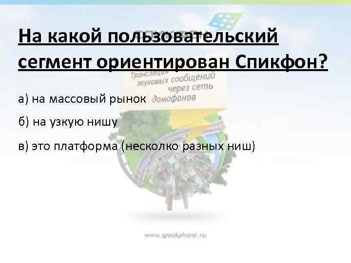 На какой пользовательский сегмент ориентирован Спикфон? а) на массовый рынок б) на узкую нишу