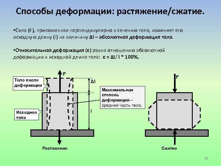 Способы деформации: растяжение/сжатие. • Сила (F), приложенная перпендикулярно к сечению тела, изменяет его исходную