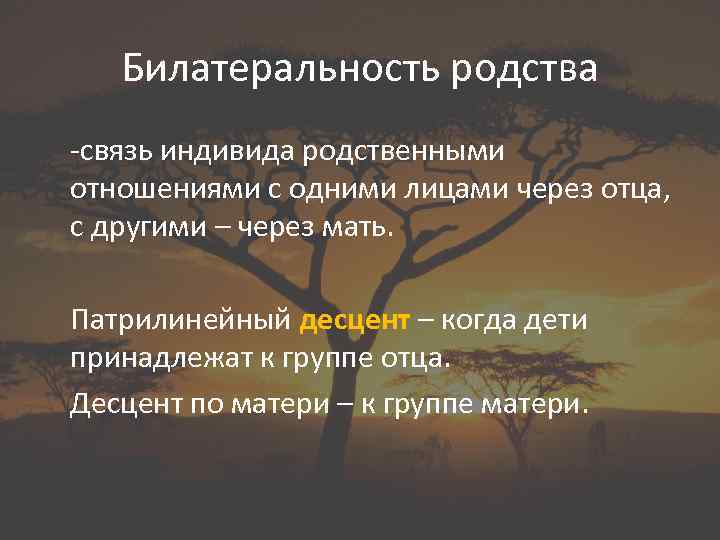 Билатеральность родства -связь индивида родственными отношениями с одними лицами через отца, с другими –