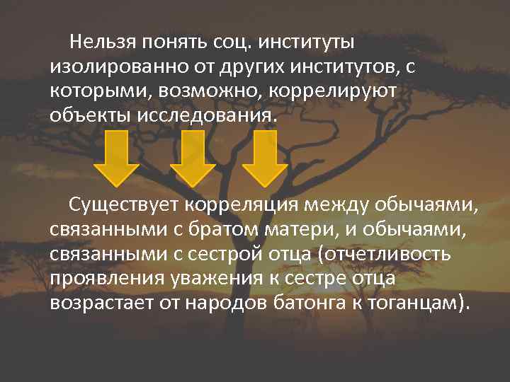 Нельзя понять соц. институты изолированно от других институтов, с которыми, возможно, коррелируют объекты исследования.