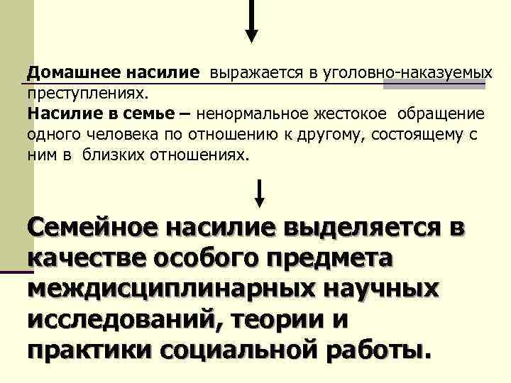 Домашнее насилие выражается в уголовно-наказуемых преступлениях. Насилие в семье – ненормальное жестокое обращение одного