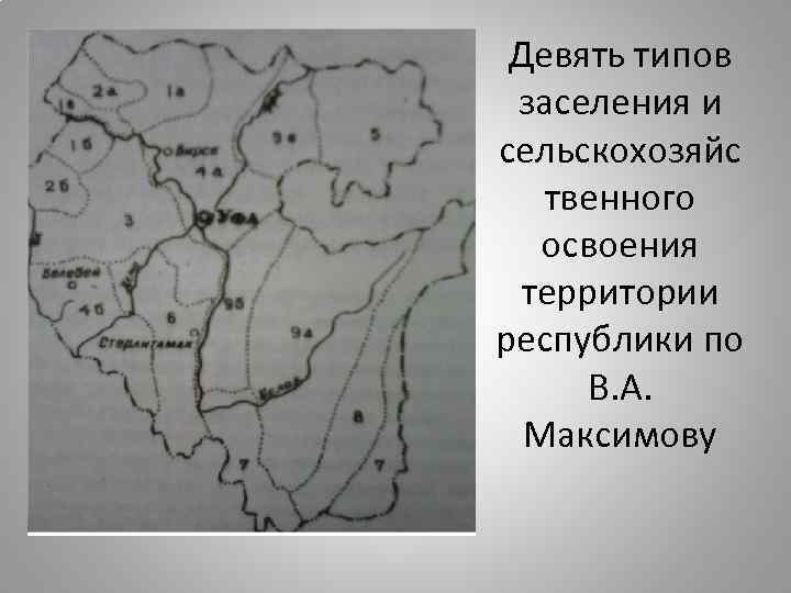 Девять типов заселения и сельскохозяйс твенного освоения территории республики по В. А. Максимову 