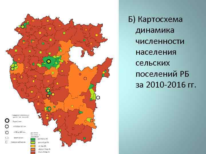 Б) Картосхема динамика численности населения сельских поселений РБ за 2010 -2016 гг. 