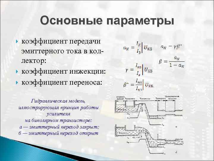Основные параметры коэффициент передачи эмиттерного тока в коллектор: коэффициент инжекции: коэффициент переноса: Гидравлическая модель,