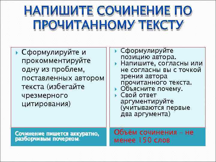 НАПИШИТЕ СОЧИНЕНИЕ ПО ПРОЧИТАННОМУ ТЕКСТУ Сформулируйте и прокомментируйте одну из проблем, поставленных автором текста