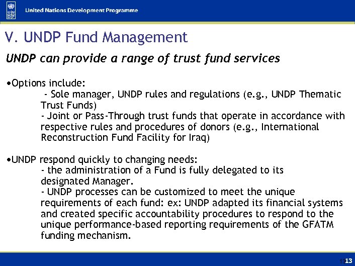 V. UNDP Fund Management UNDP can provide a range of trust fund services •