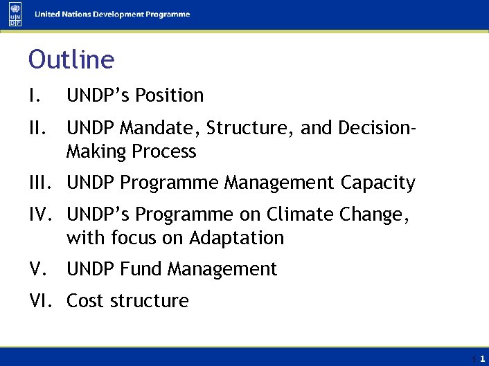 Outline I. UNDP’s Position II. UNDP Mandate, Structure, and Decision. Making Process III. UNDP