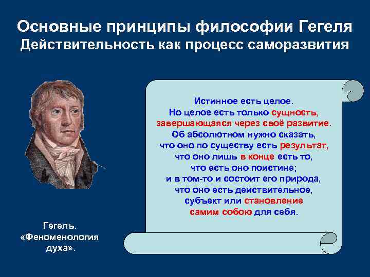 Основные принципы философии Гегеля Действительность как процесс саморазвития Истинное есть целое. Но целое есть