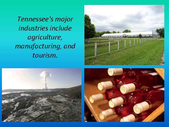 Tennessee's major industries include agriculture, manufacturing, and tourism. 