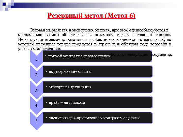 Метод экспертных оценок основан. Резервный метод определения. Резервный метод определения таможенной стоимости. Методы таможенной оценки товаров резервный метод. Резервный метод пример.