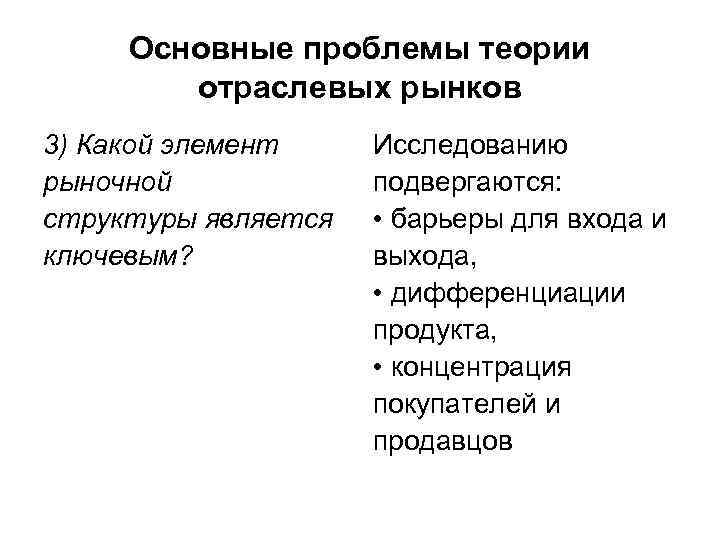 Теория отрасли. К проблемам теории отраслевых рынков относят. Основные проблемы теории отраслевых рынков. Основные задачи теории отраслевых рынков.. Какой элемент рыночной структуры не является ключевым.