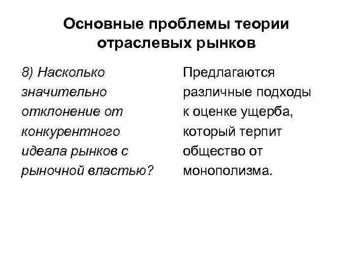 Основные проблемы теории отраслевых рынков 8) Насколько значительно отклонение от конкурентного идеала рынков с
