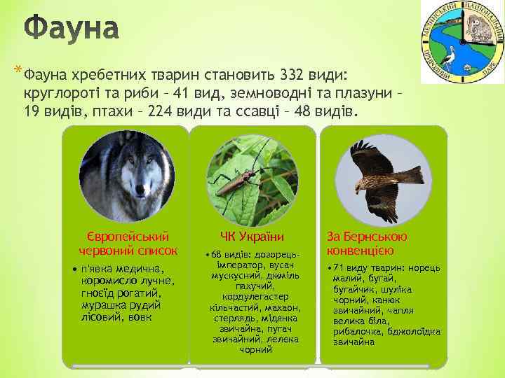*Фауна хребетних тварин становить 332 види: круглороті та риби – 41 вид, земноводні та