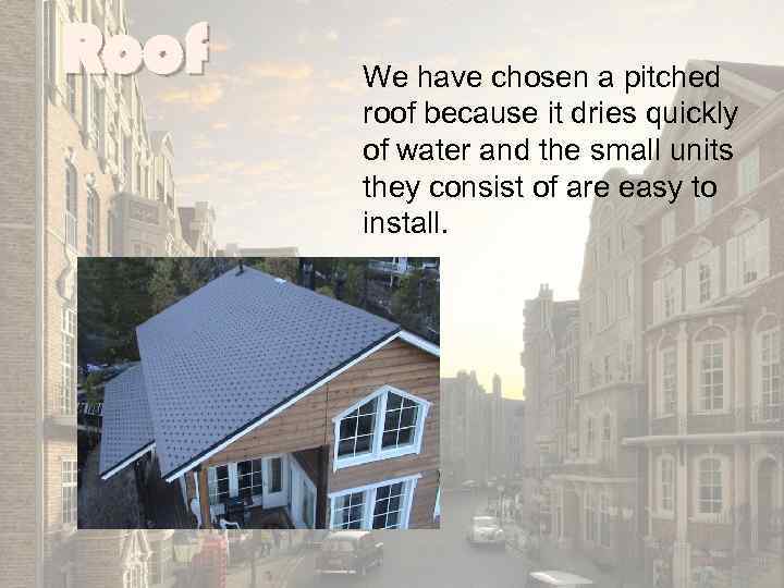 Roof We have chosen a pitched roof because it dries quickly of water and