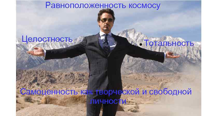 Равноположенность космосу Целостность Тотальность Самоценность как творческой и свободной личности 