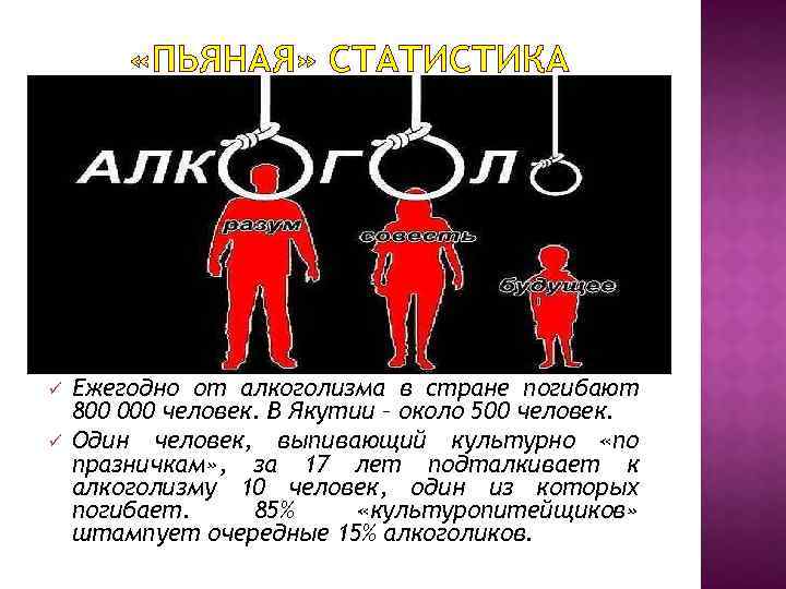  «ПЬЯНАЯ» СТАТИСТИКА ü ü Ежегодно от алкоголизма в стране погибают 800 000 человек.